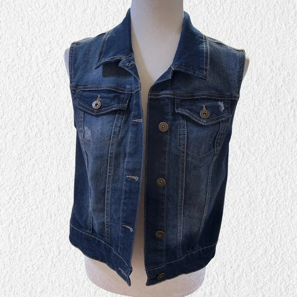 Mudd Med/Dark Wash Distressed Denim Vest Juniors Medium Western Boho